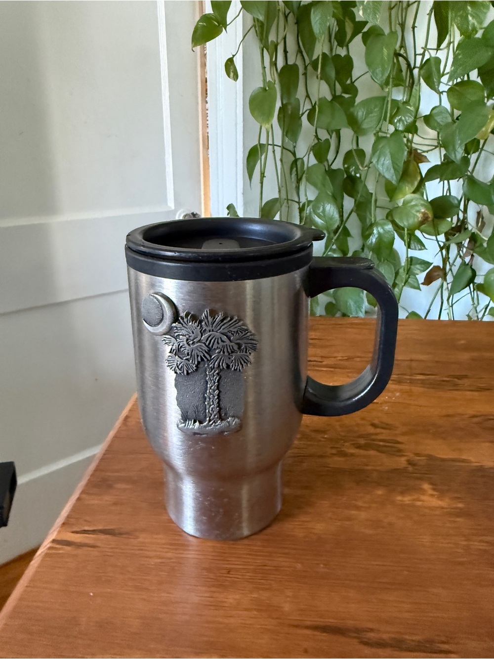 Stainless Steel Travel Mug with Palmetto Tree Accent - Silver
